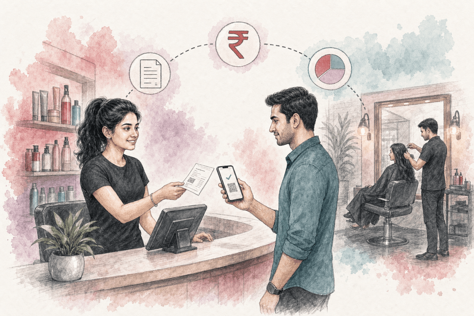 Illustration of a salon cashier handing an invoice to a client paying via UPI on their phone