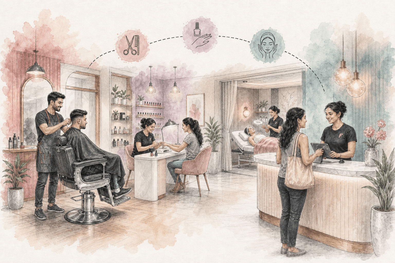 Illustration of a hybrid salon floor with barber chair, nail desk, and facial room in one interior