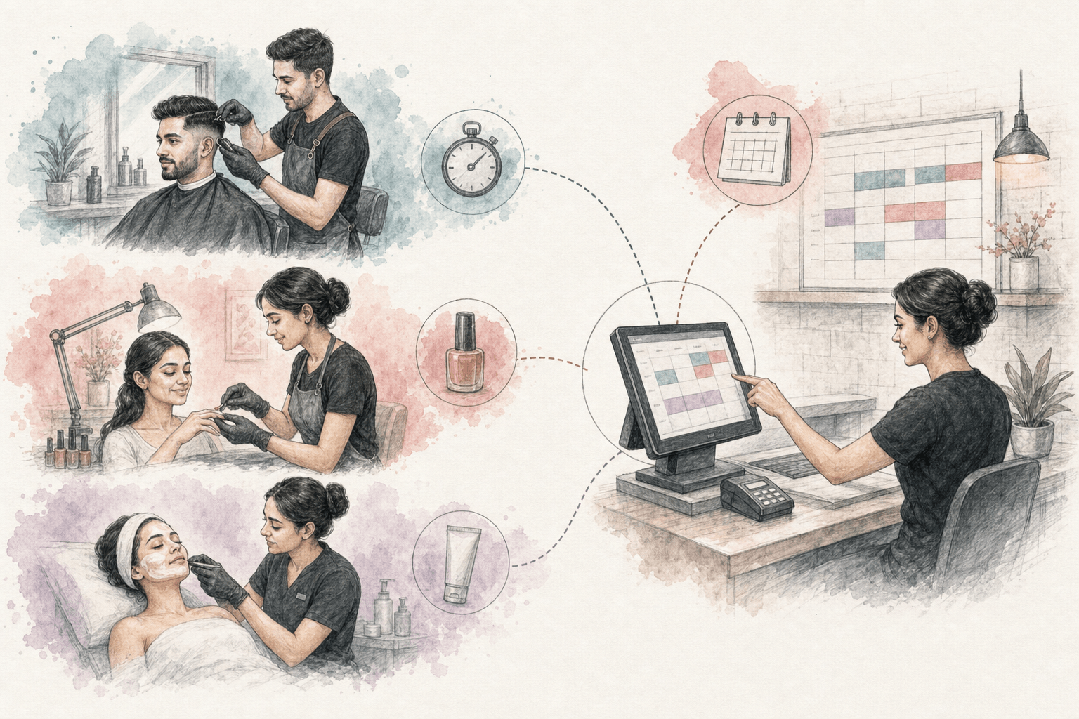 Illustration of three parallel appointment timelines for barber, nail, and facial services converging at one checkout