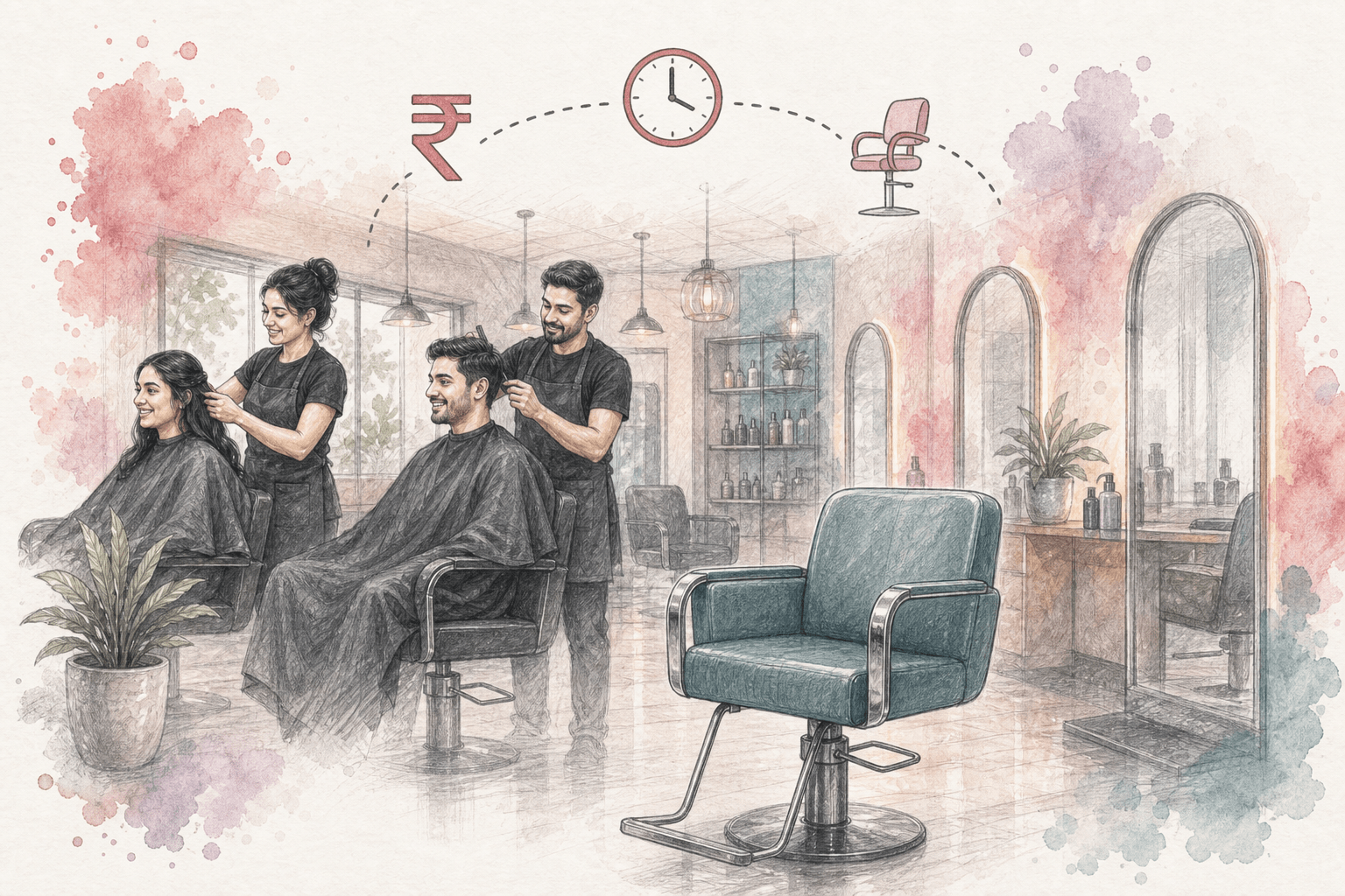 Illustration of one empty styling chair while others are occupied, with icons for time and lost revenue