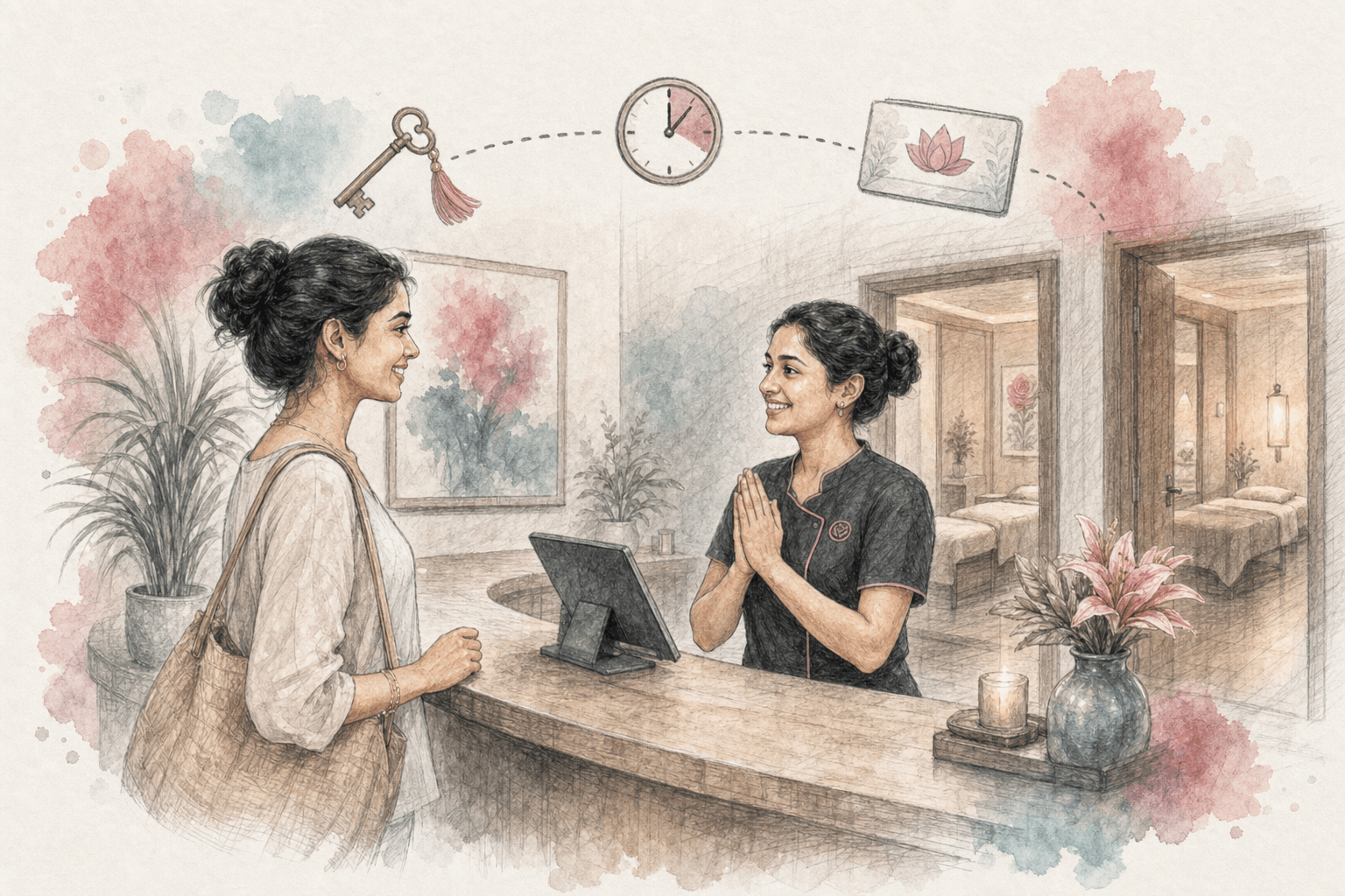 Illustration of a calm spa reception with a therapist greeting a client for a package session