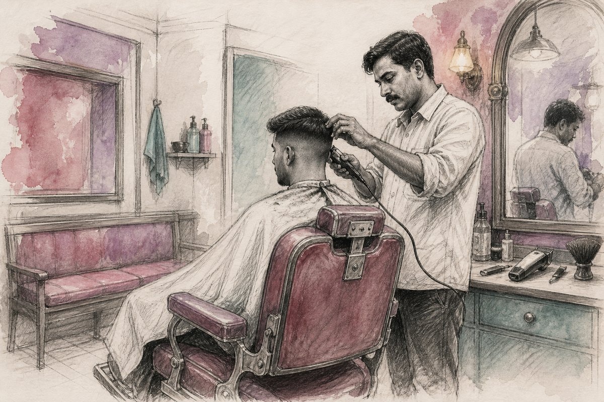 Editorial sketch of a barber chair and fade in progress with a small waiting bench