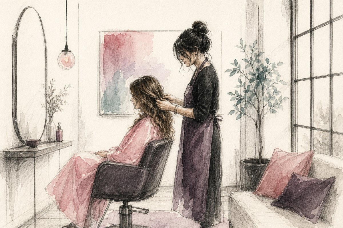 Editorial sketch of an intimate owner-run studio with one guest and one chair