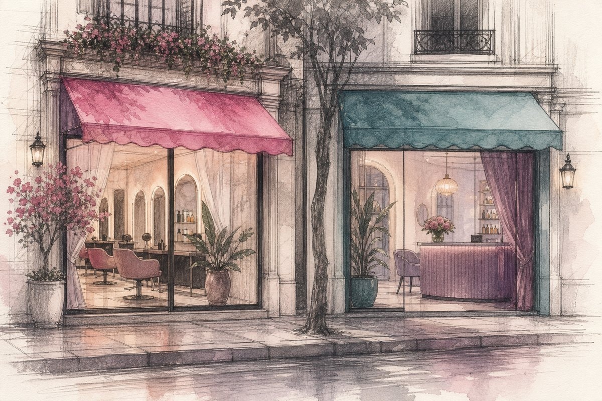 Editorial sketch of two neighboring salon shopfronts on a city street
