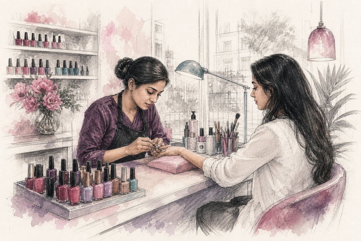 Editorial sketch of a nail desk with polish bottles and a technician at work