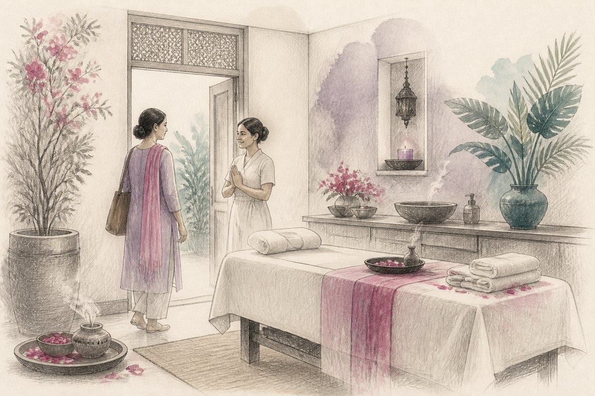 Editorial sketch of a calm spa treatment room with linen and a therapist greeting a guest