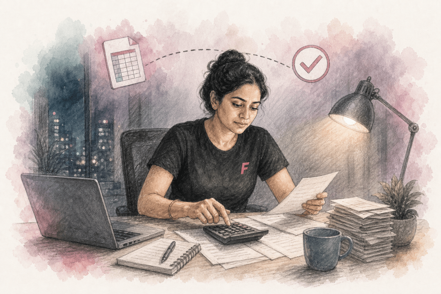 Illustration of a salon owner reconciling bills at a desk with laptop and calculator late at night