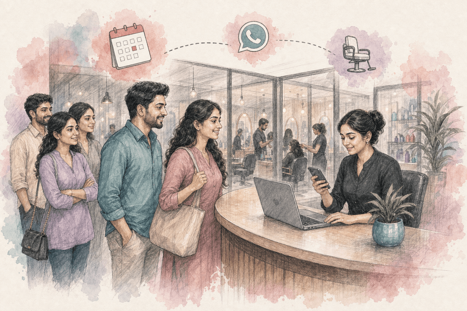 Sketch illustration of a busy salon front desk at rush hour with clients waiting and stylists visible through glass
