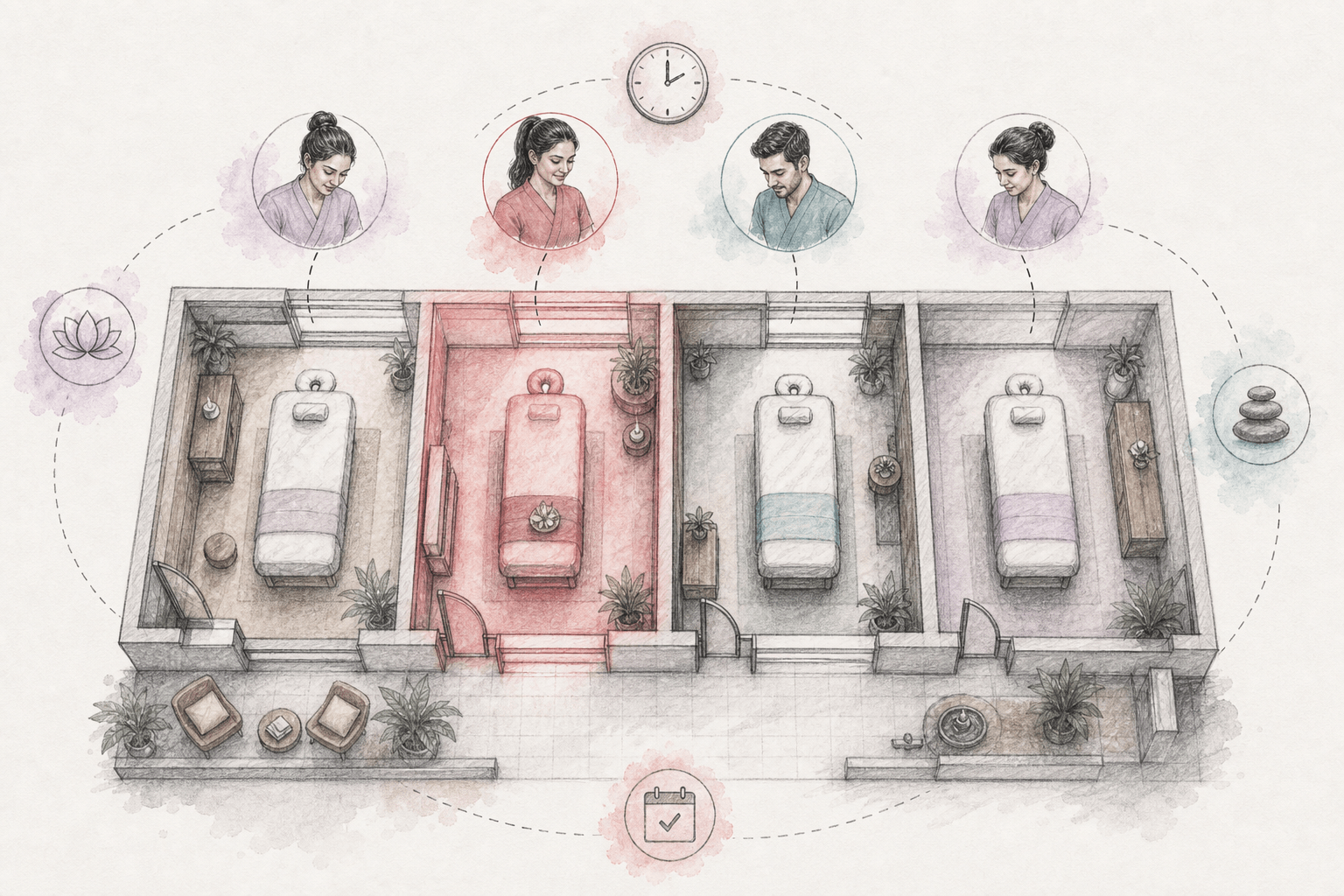 Overhead illustration of four spa treatment rooms with one highlighted booking slot and therapist assignments